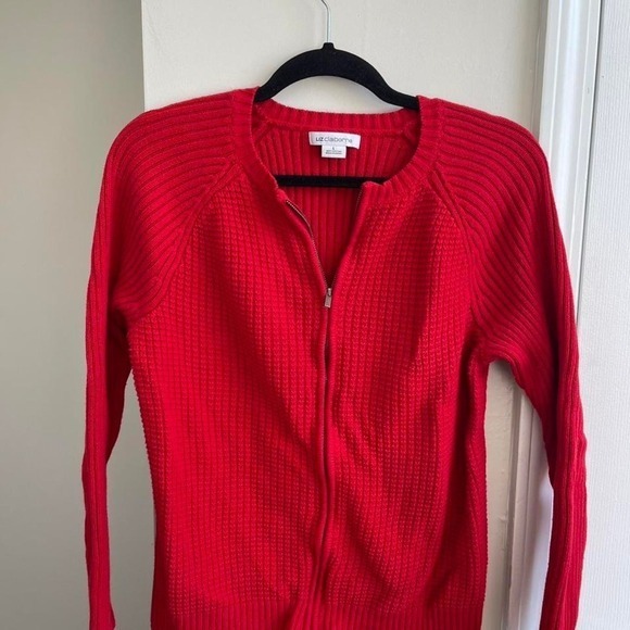 Liz Claiborne Sweaters - Liz Claiborne Cardigan Womens L Red Waffle Knit Full Zip Cotton Sweater